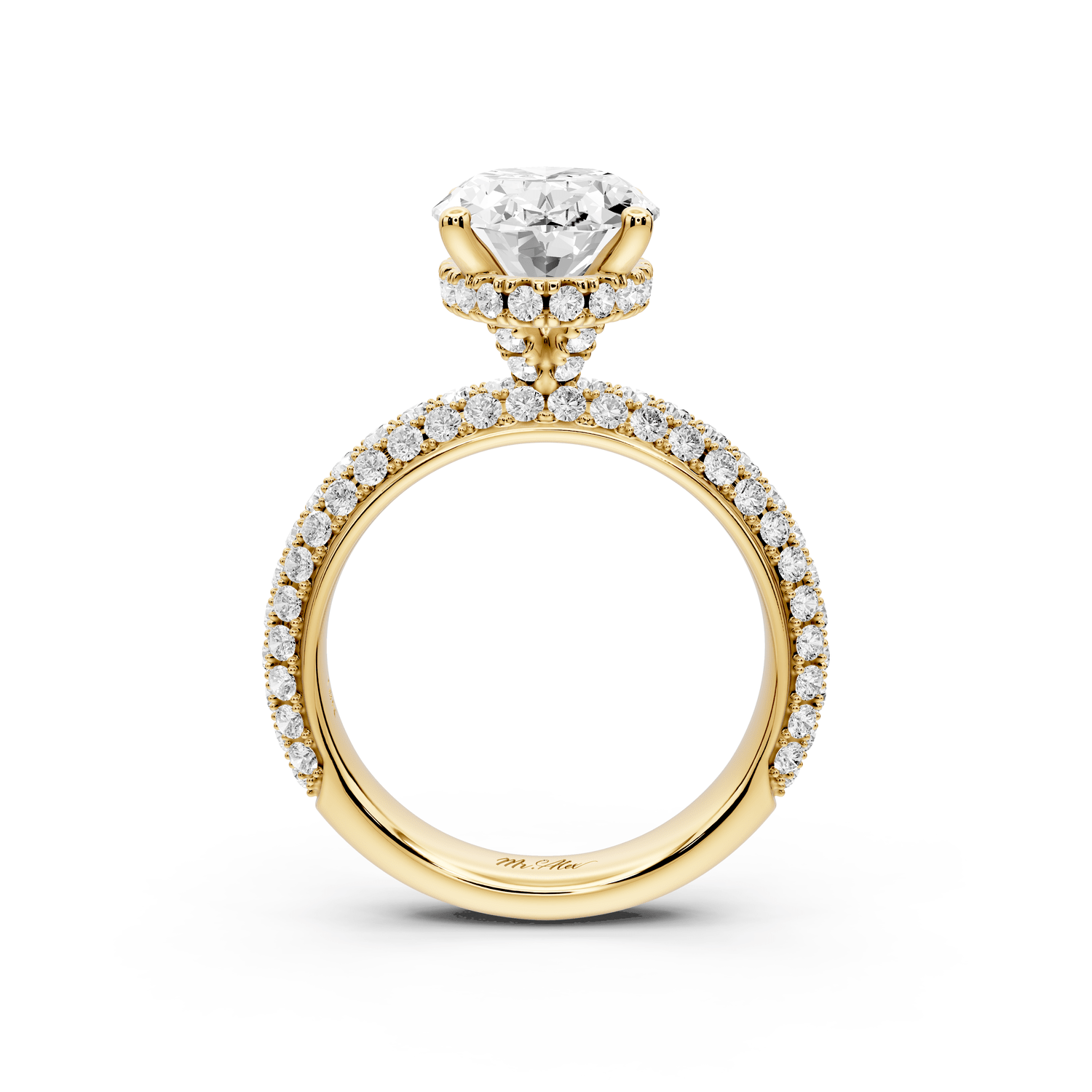Evelina - 3ct 18k yellow gold oval wrap around Halo Rollover Pavé Diamond Crown Engagement Ring - Mr. Alex Jewelry
