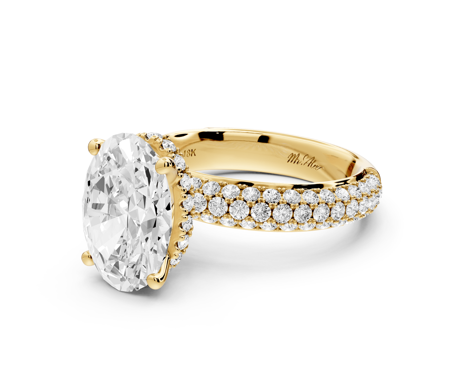 Evelina - 3ct 18k yellow gold oval wrap around Halo Rollover Pavé Diamond Crown Engagement Ring - Mr. Alex Jewelry