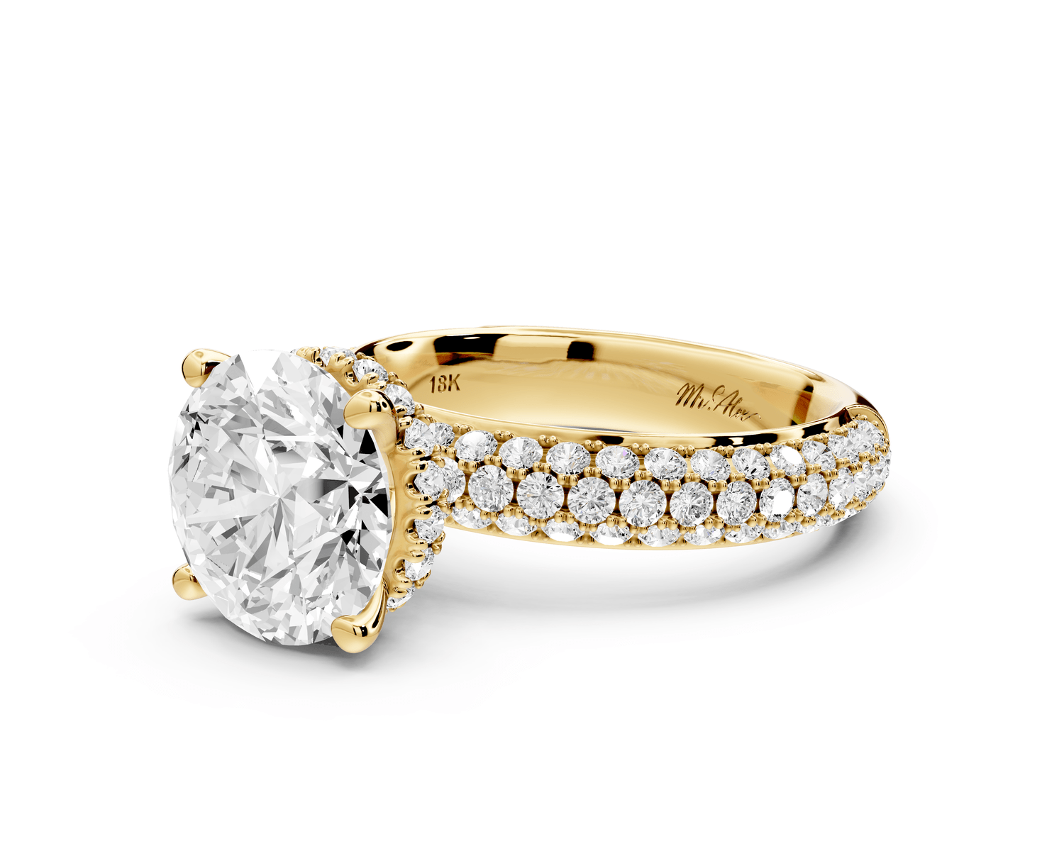 Evelina - 3ct 18k yellow gold round wrap around Halo Rollover Pavé Diamond Crown Engagement Ring - Mr. Alex Jewelry