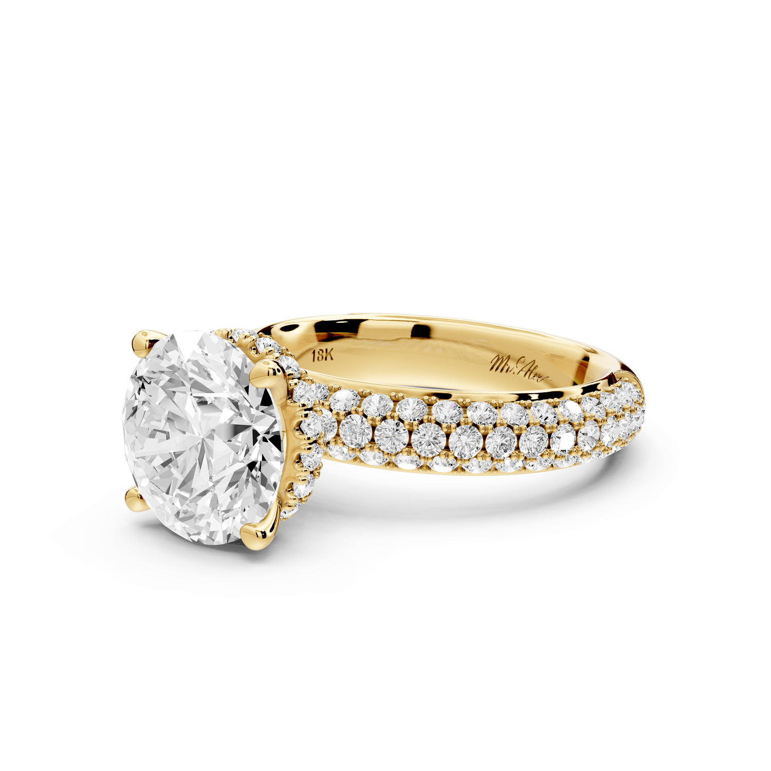 Evelina - 3ct 18k yellow gold round wrap around Halo Rollover Pavé Diamond Crown Engagement Ring - Mr. Alex Jewelry