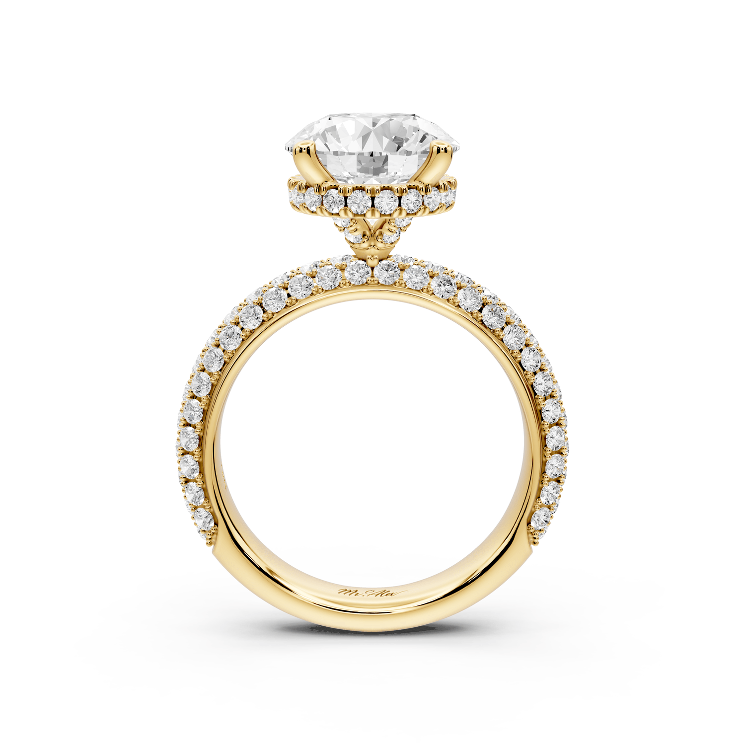 Evelina - 3ct 18k yellow gold round wrap around Halo Rollover Pavé Diamond Crown Engagement Ring - Mr. Alex Jewelry