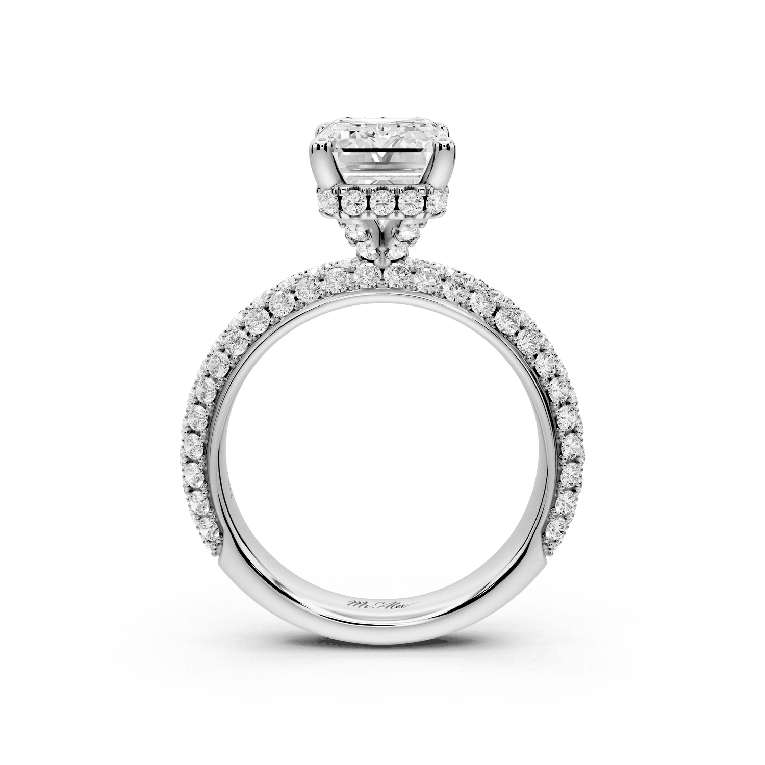 Evelina - 3ct platinum emerald wrap around Halo Rollover Pavé Diamond Crown Engagement Ring - Mr. Alex Jewelry