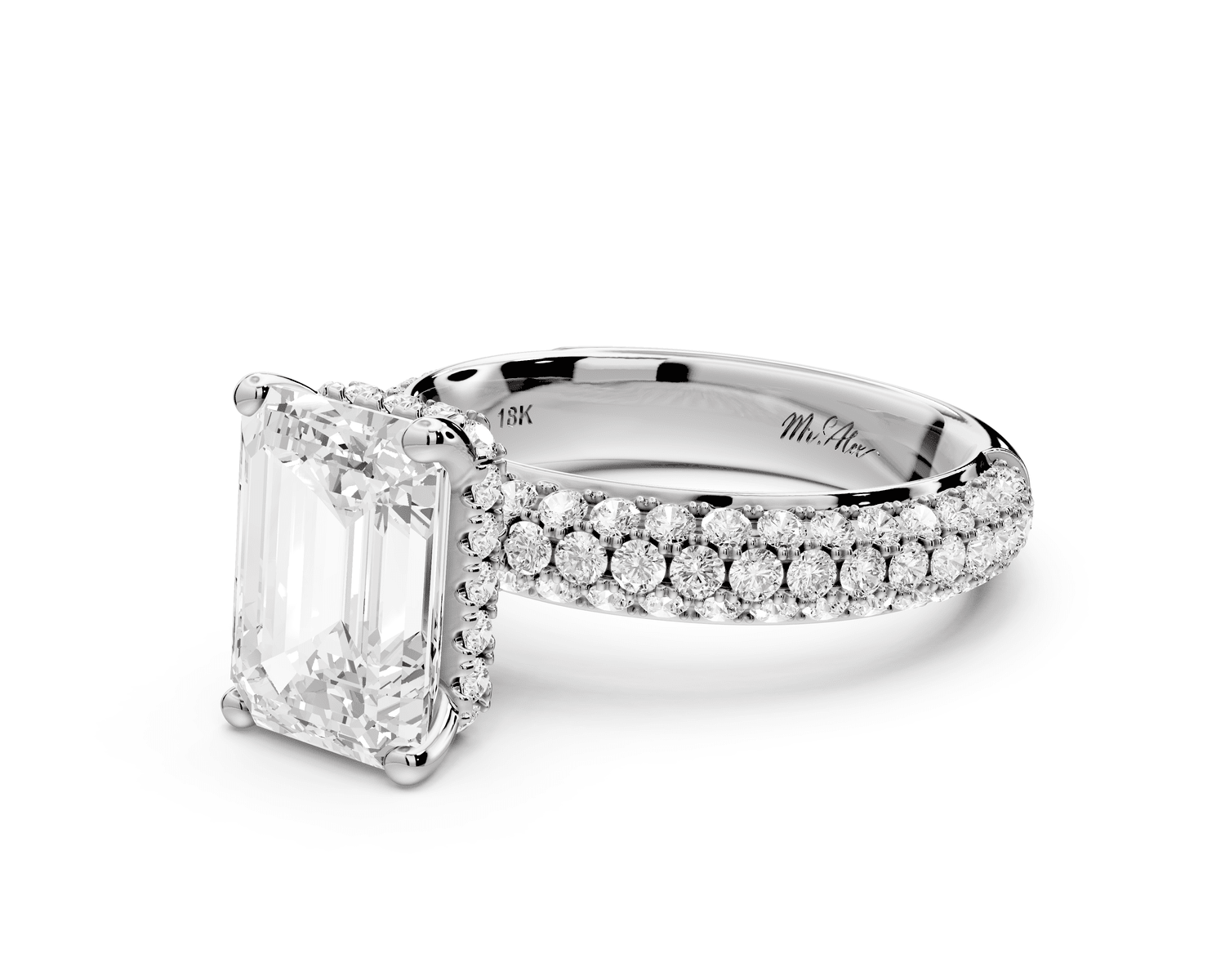 Evelina - 3ct platinum emerald wrap around Halo Rollover Pavé Diamond Crown Engagement Ring - Mr. Alex Jewelry