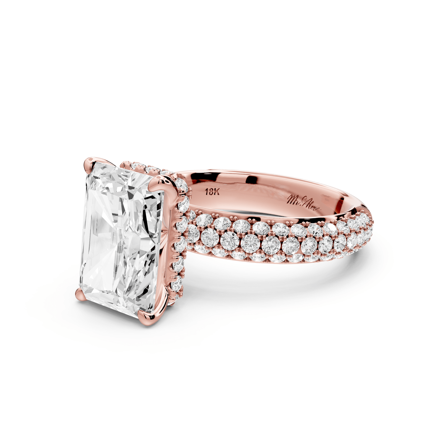 Evelina - 4ct 14k rose gold radiant wrap around Halo Rollover Pavé Diamond Crown Engagement Ring - Mr. Alex Jewelry