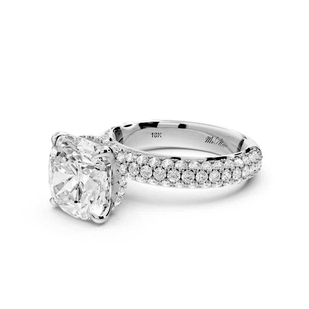 Evelina - 4ct 14k white gold cushion wrap around Halo Rollover Pavé Diamond Crown Engagement Ring - Mr. Alex Jewelry