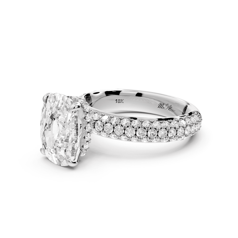 Evelina - 4ct 14k white gold ecushion wrap around Halo Rollover Pavé Diamond Crown Engagement Ring - Mr. Alex Jewelry