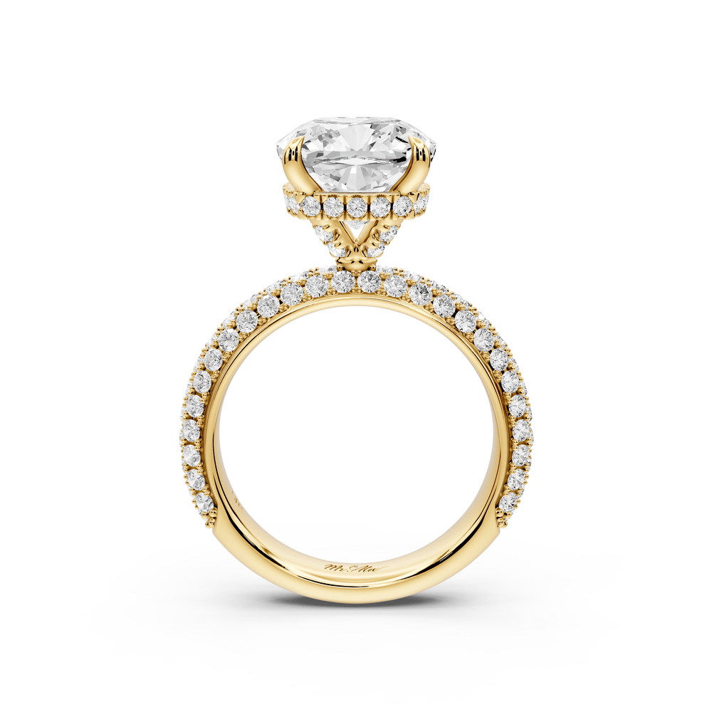 Evelina - 4ct 14k yellow gold cushion wrap around Halo Rollover Pavé Diamond Crown Engagement Ring - Mr. Alex Jewelry