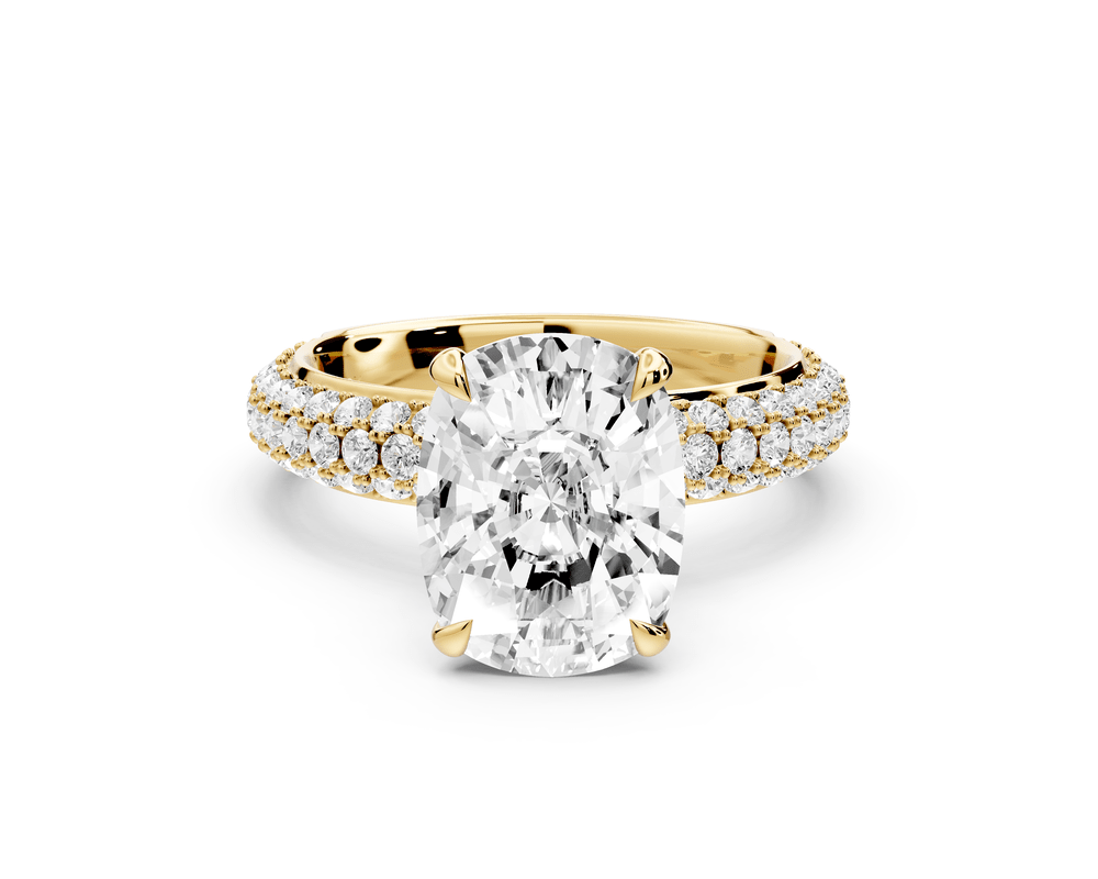 Evelina - 4ct 14k yellow gold ecushion wrap around Halo Rollover Pavé Diamond Crown Engagement Ring - Mr. Alex Jewelry