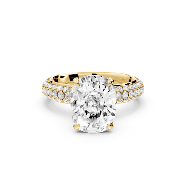 Evelina - 4ct 14k yellow gold ecushion wrap around Halo Rollover Pavé Diamond Crown Engagement Ring - Mr. Alex Jewelry
