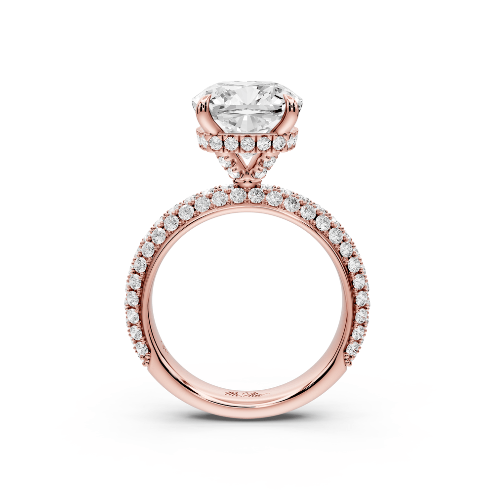 Evelina - 4ct 18k rose gold cushion wrap around Halo Rollover Pavé Diamond Crown Engagement Ring - Mr. Alex Jewelry