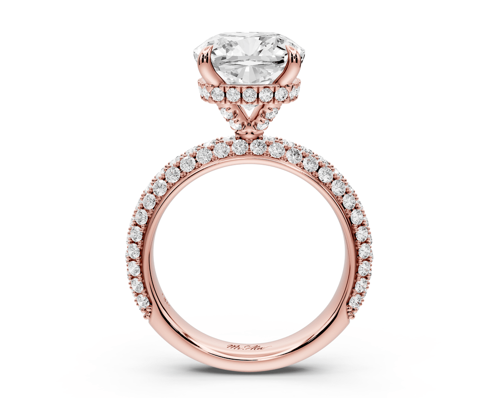 Evelina - 4ct 18k rose gold cushion wrap around Halo Rollover Pavé Diamond Crown Engagement Ring - Mr. Alex Jewelry