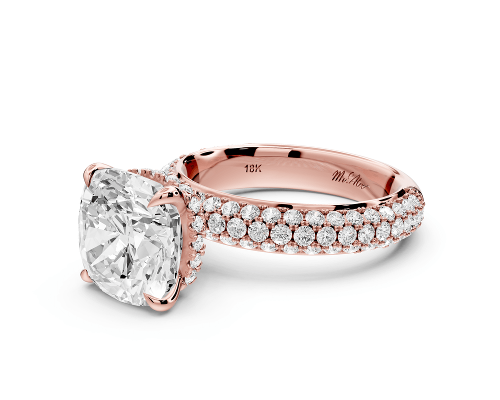 Evelina - 4ct 18k rose gold cushion wrap around Halo Rollover Pavé Diamond Crown Engagement Ring - Mr. Alex Jewelry