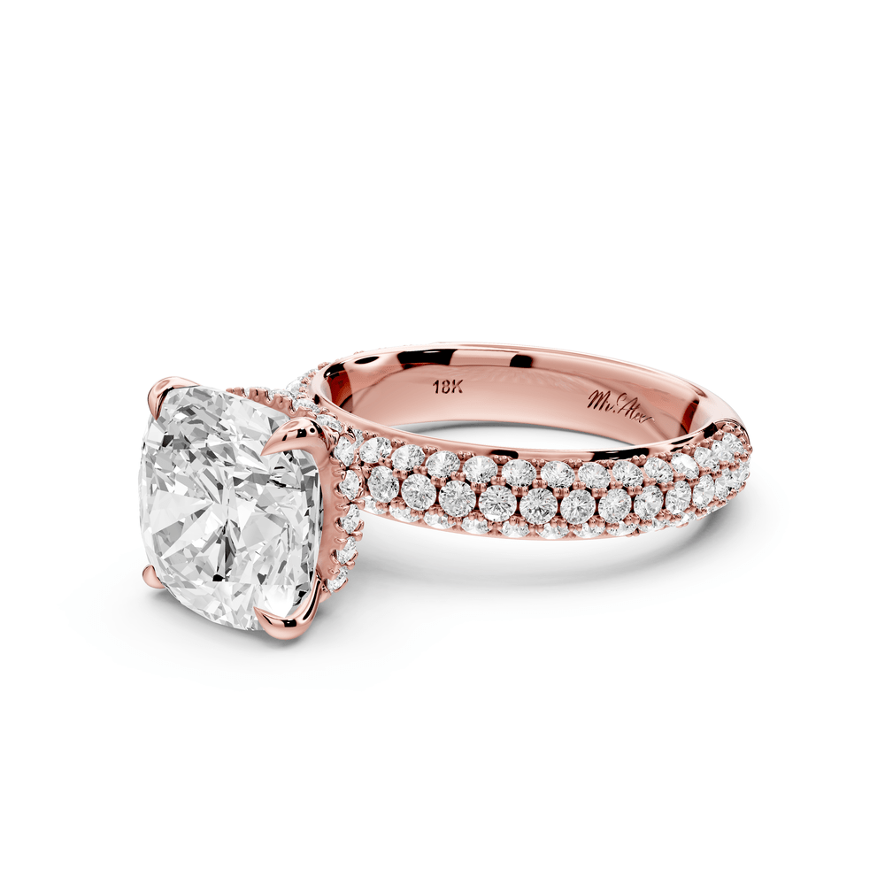 Evelina - 4ct 18k rose gold cushion wrap around Halo Rollover Pavé Diamond Crown Engagement Ring - Mr. Alex Jewelry