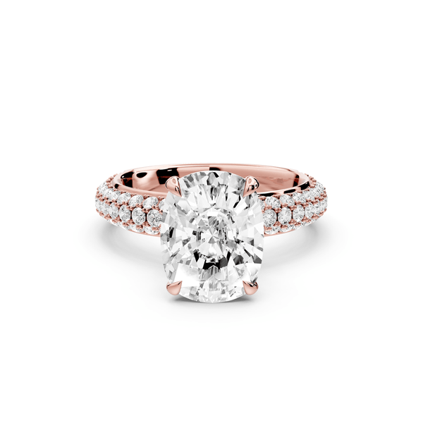 Evelina - 4ct 18k rose gold ecushion wrap around Halo Rollover Pavé Diamond Crown Engagement Ring - Mr. Alex Jewelry