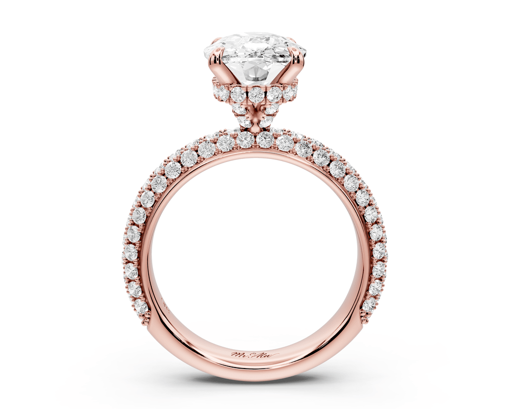 Evelina - 4ct 18k rose gold ecushion wrap around Halo Rollover Pavé Diamond Crown Engagement Ring - Mr. Alex Jewelry