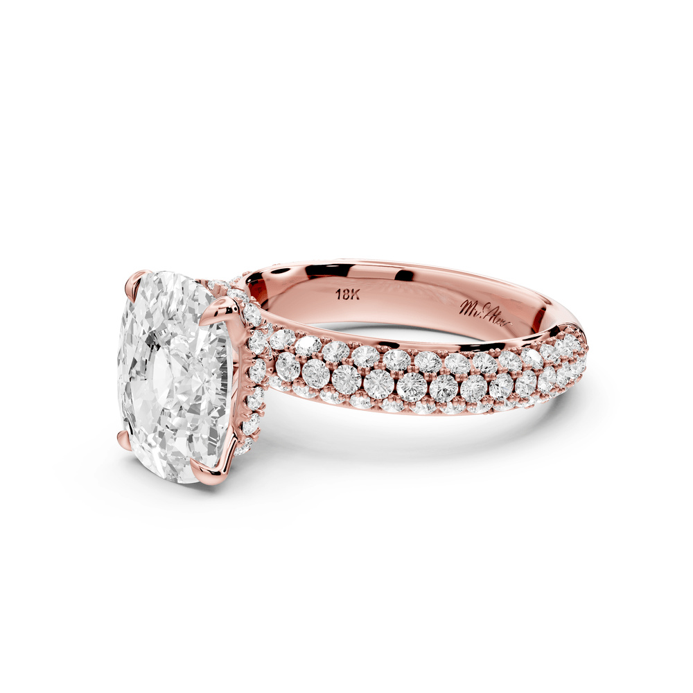 Evelina - 4ct 18k rose gold ecushion wrap around Halo Rollover Pavé Diamond Crown Engagement Ring - Mr. Alex Jewelry