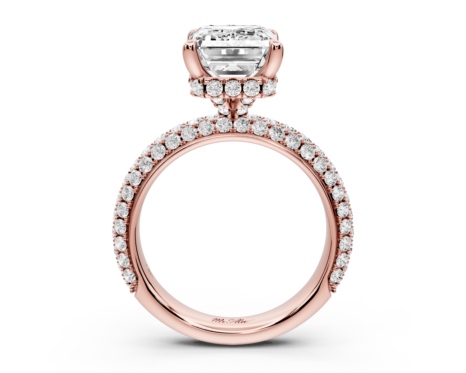 Evelina - 4ct 18k rose gold emerald wrap around Halo Rollover Pavé Diamond Crown Engagement Ring - Mr. Alex Jewelry