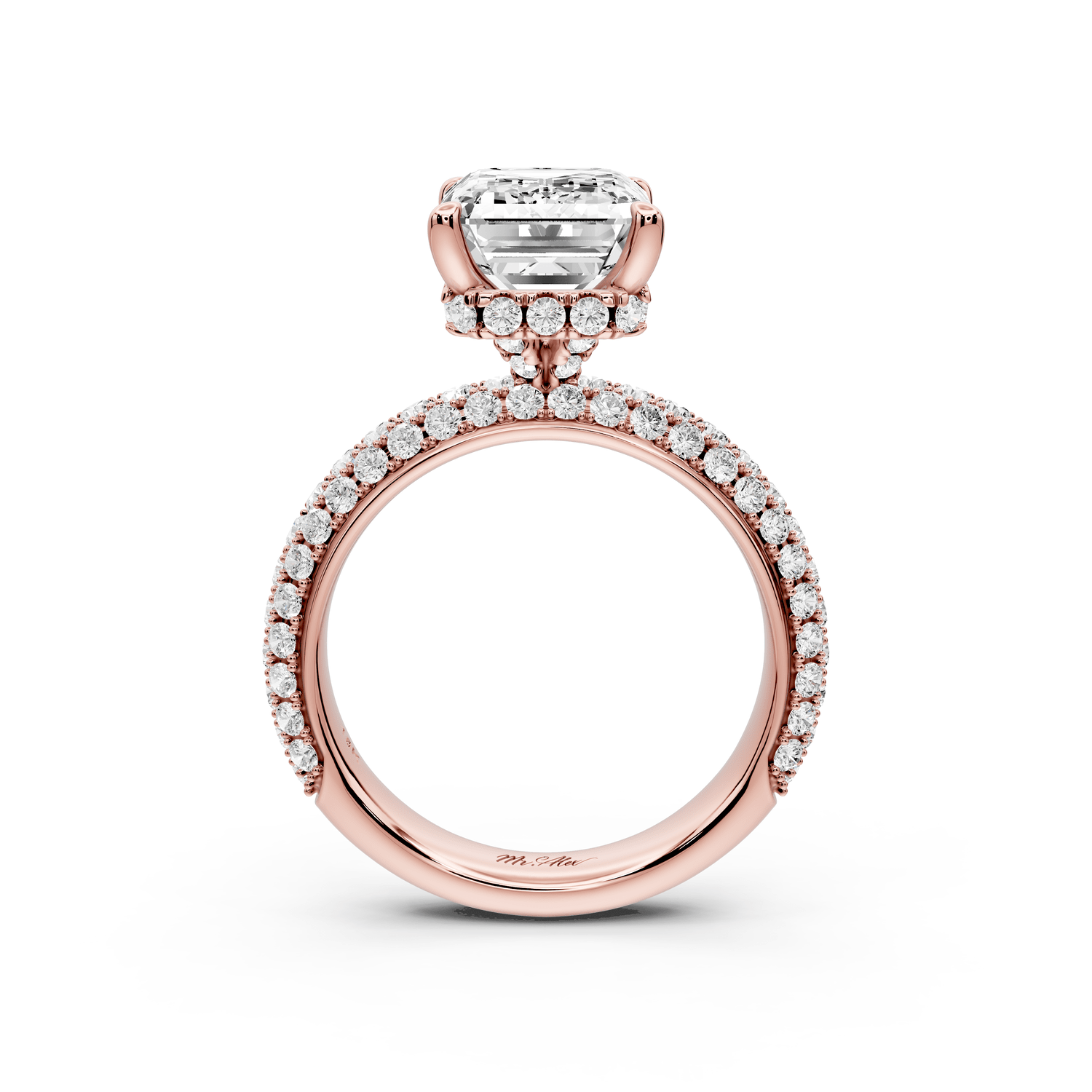 Evelina - 4ct 18k rose gold emerald wrap around Halo Rollover Pavé Diamond Crown Engagement Ring - Mr. Alex Jewelry