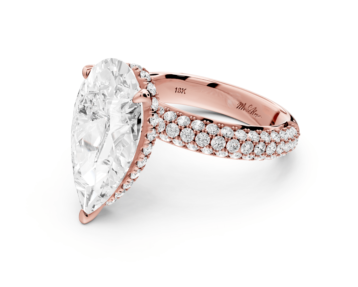 Evelina - 4ct 18k rose gold pear wrap around Halo Rollover Pavé Diamond Crown Engagement Ring - Mr. Alex Jewelry