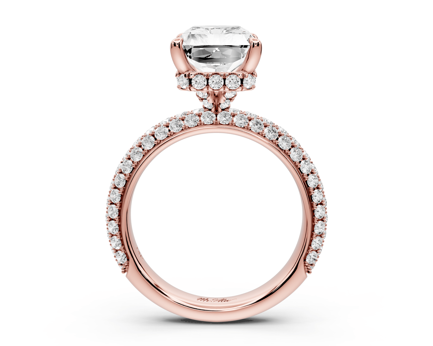 Evelina - 4ct 18k rose gold radiant wrap around Halo Rollover Pavé Diamond Crown Engagement Ring - Mr. Alex Jewelry