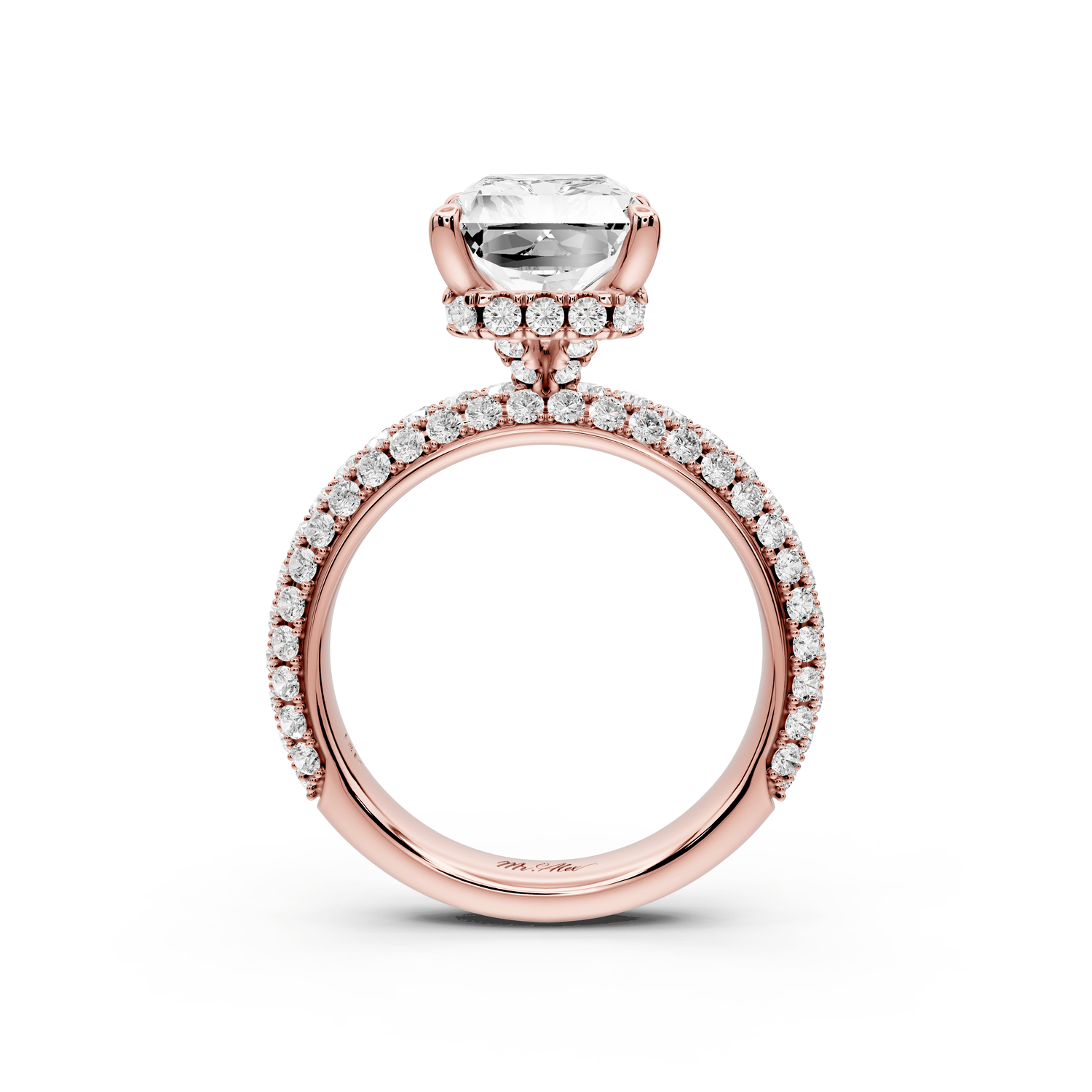 Evelina - 4ct 18k rose gold radiant wrap around Halo Rollover Pavé Diamond Crown Engagement Ring - Mr. Alex Jewelry