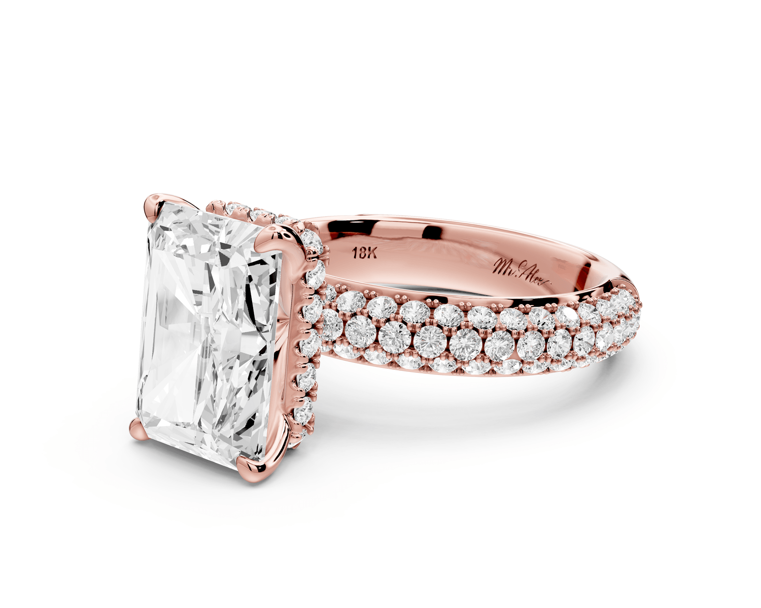 Evelina - 4ct 18k rose gold radiant wrap around Halo Rollover Pavé Diamond Crown Engagement Ring - Mr. Alex Jewelry