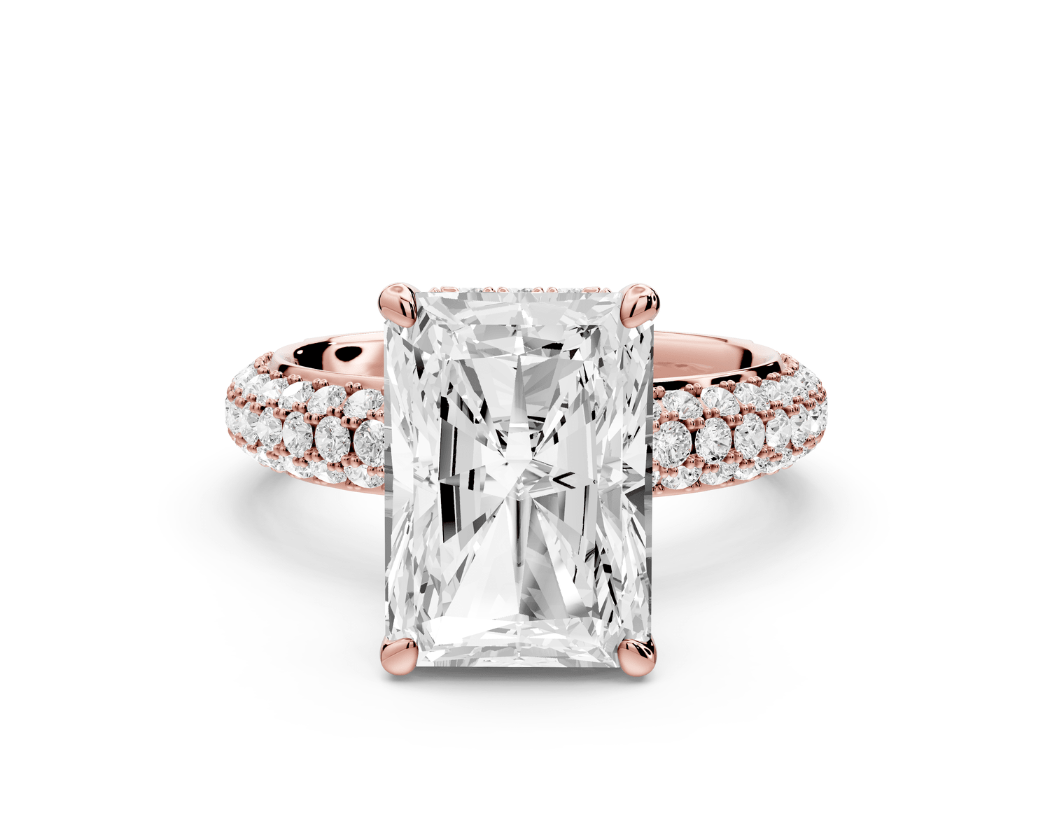 Evelina - 4ct 18k rose gold radiant wrap around Halo Rollover Pavé Diamond Crown Engagement Ring - Mr. Alex Jewelry