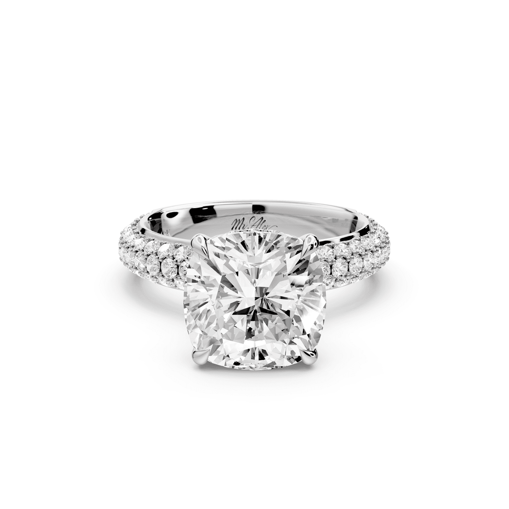 Evelina - 4ct 18k white gold cushion wrap around Halo Rollover Pavé Diamond Crown Engagement Ring - Mr. Alex Jewelry