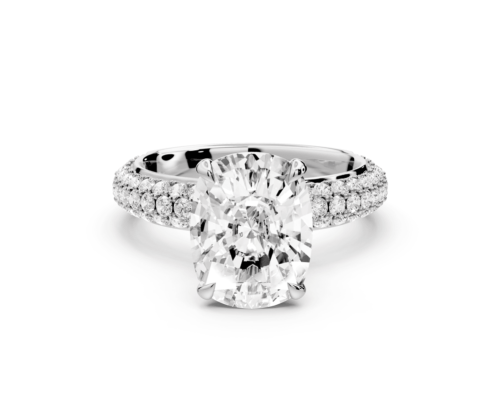 Evelina - 4ct 18k white gold ecushion wrap around Halo Rollover Pavé Diamond Crown Engagement Ring - Mr. Alex Jewelry