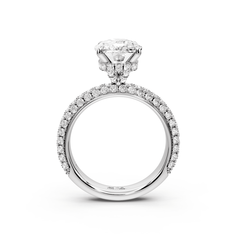 Evelina - 4ct 18k white gold ecushion wrap around Halo Rollover Pavé Diamond Crown Engagement Ring - Mr. Alex Jewelry