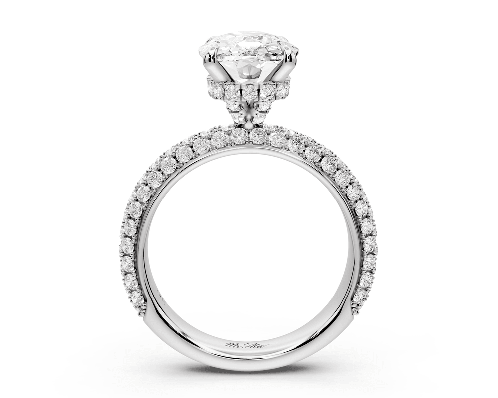 Evelina - 4ct 18k white gold ecushion wrap around Halo Rollover Pavé Diamond Crown Engagement Ring - Mr. Alex Jewelry