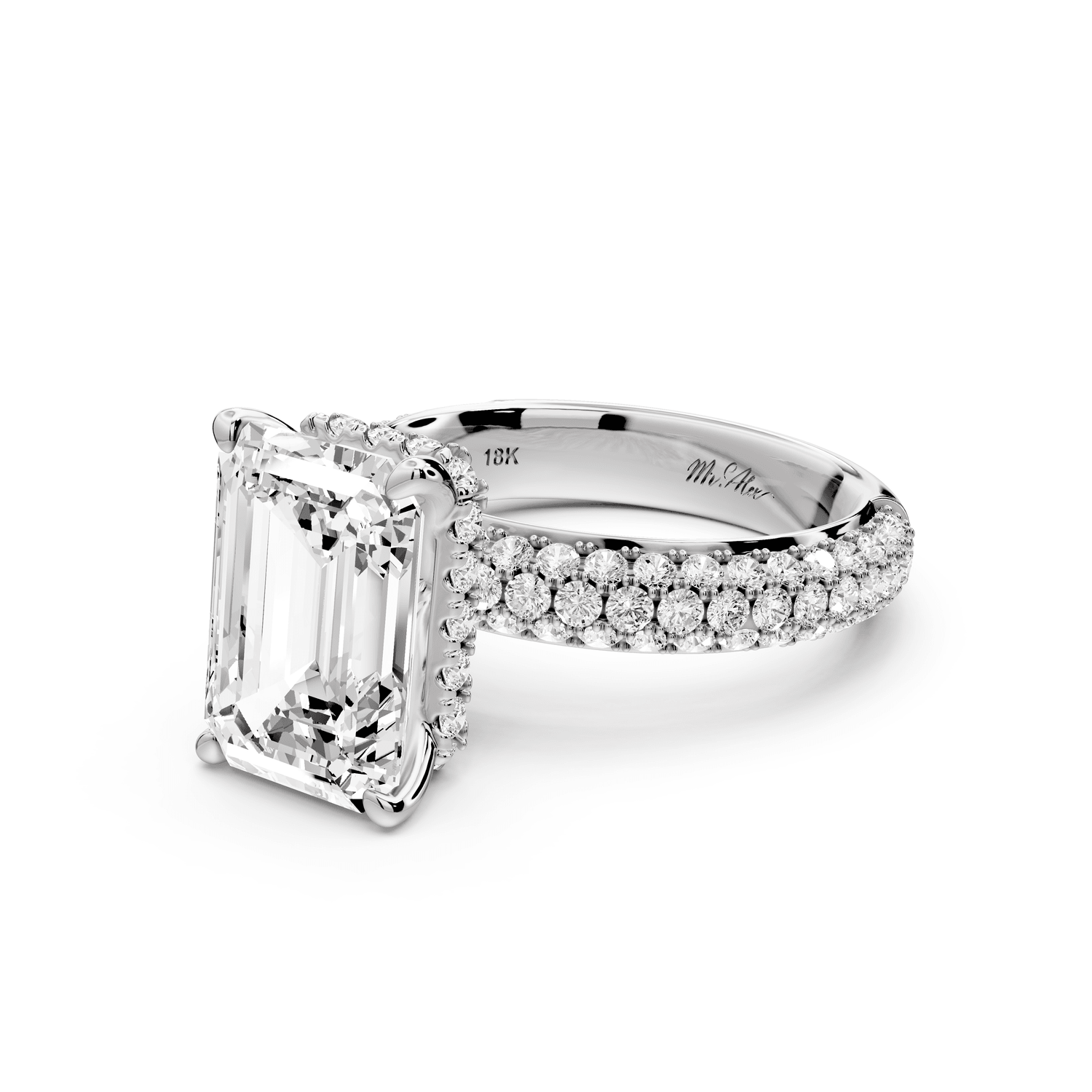 Evelina - 4ct 18k white gold emerald wrap around Halo Rollover Pavé Diamond Crown Engagement Ring - Mr. Alex Jewelry