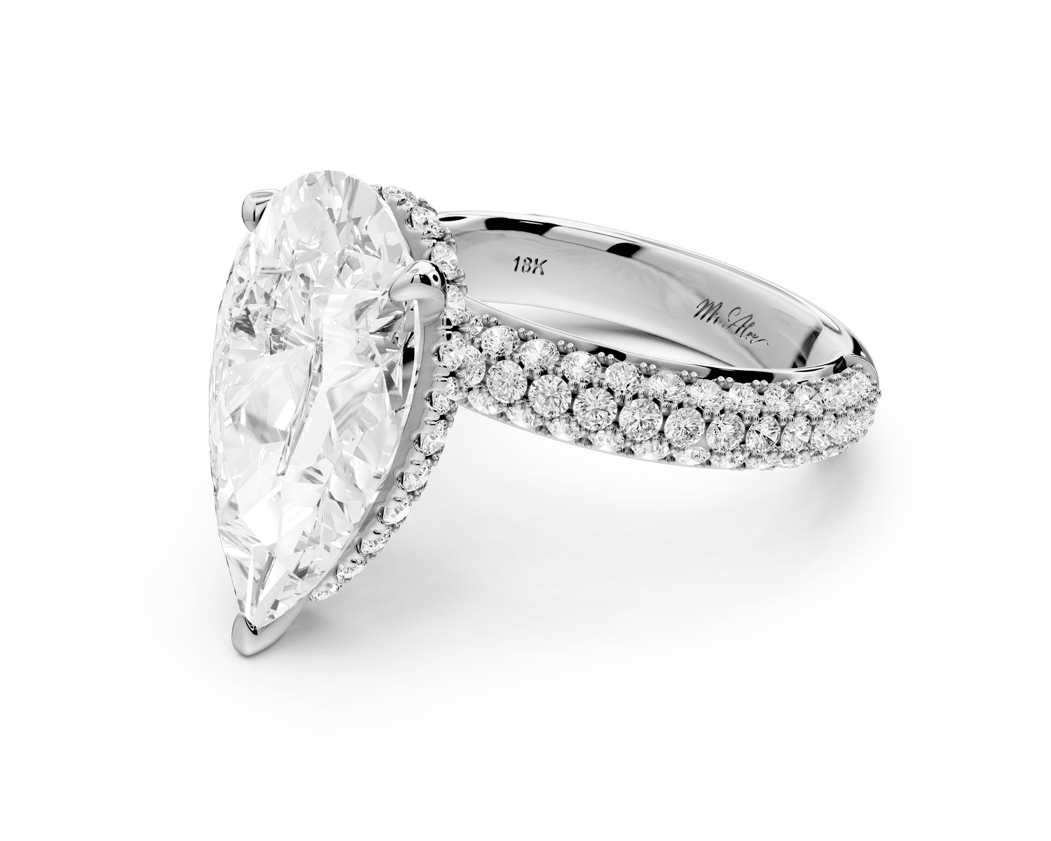 Evelina - 4ct 18k white gold pear wrap around Halo Rollover Pavé Diamond Crown Engagement Ring - Mr. Alex Jewelry