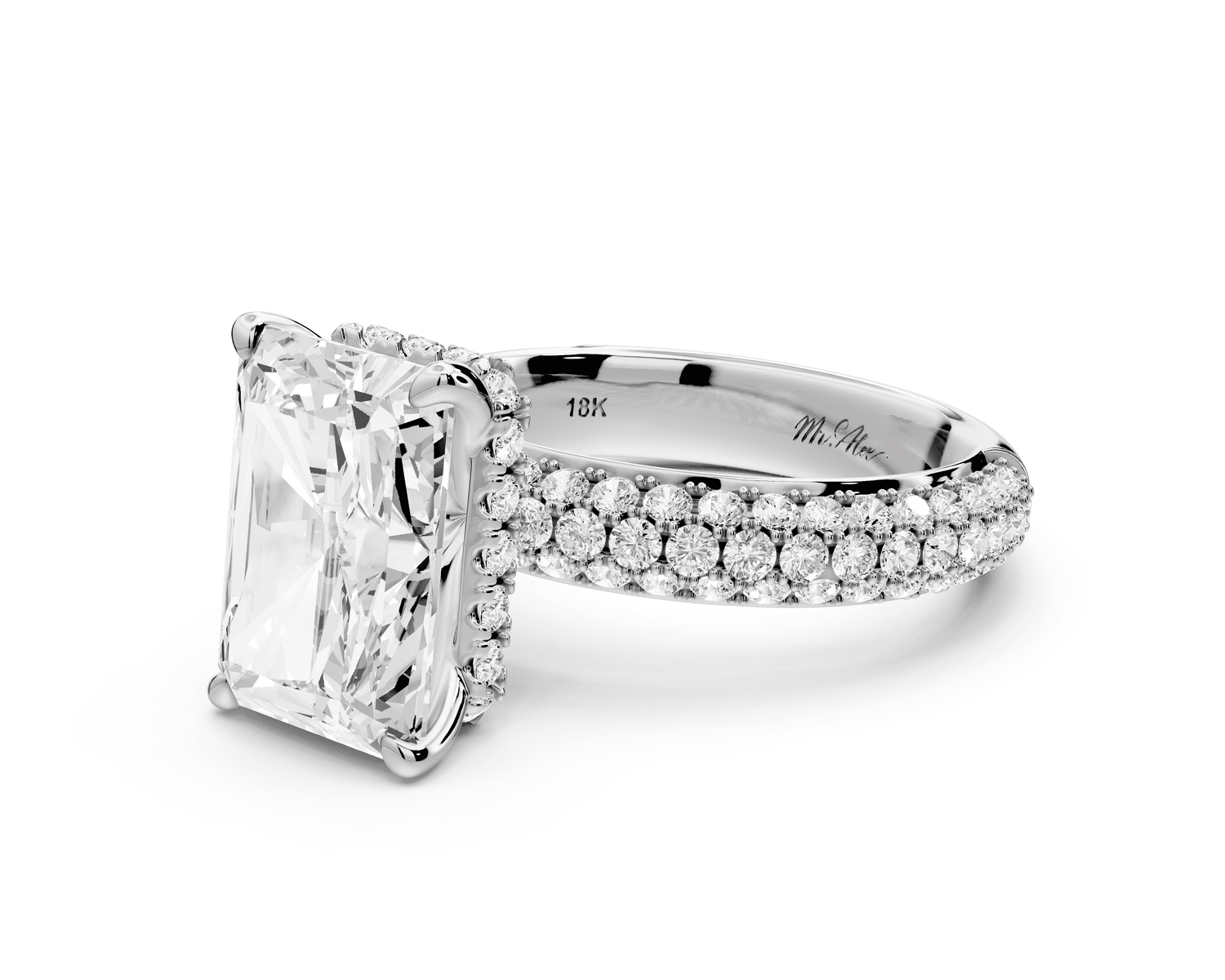 Evelina - 4ct 18k white gold radiant wrap around Halo Rollover Pavé Diamond Crown Engagement Ring - Mr. Alex Jewelry