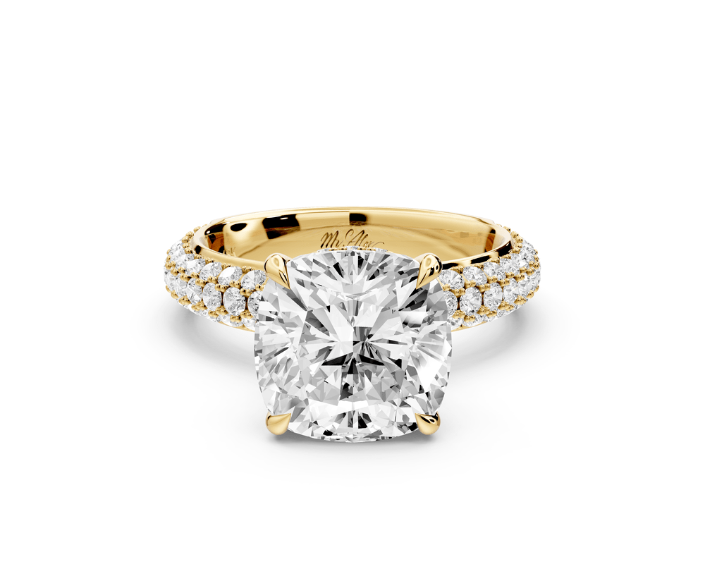 Evelina - 4ct 18k yellow gold cushion wrap around Halo Rollover Pavé Diamond Crown Engagement Ring - Mr. Alex Jewelry