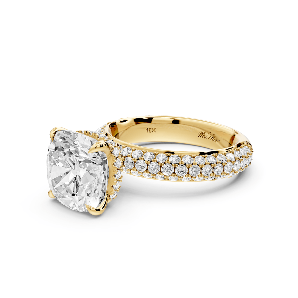 Evelina - 4ct 18k yellow gold cushion wrap around Halo Rollover Pavé Diamond Crown Engagement Ring - Mr. Alex Jewelry