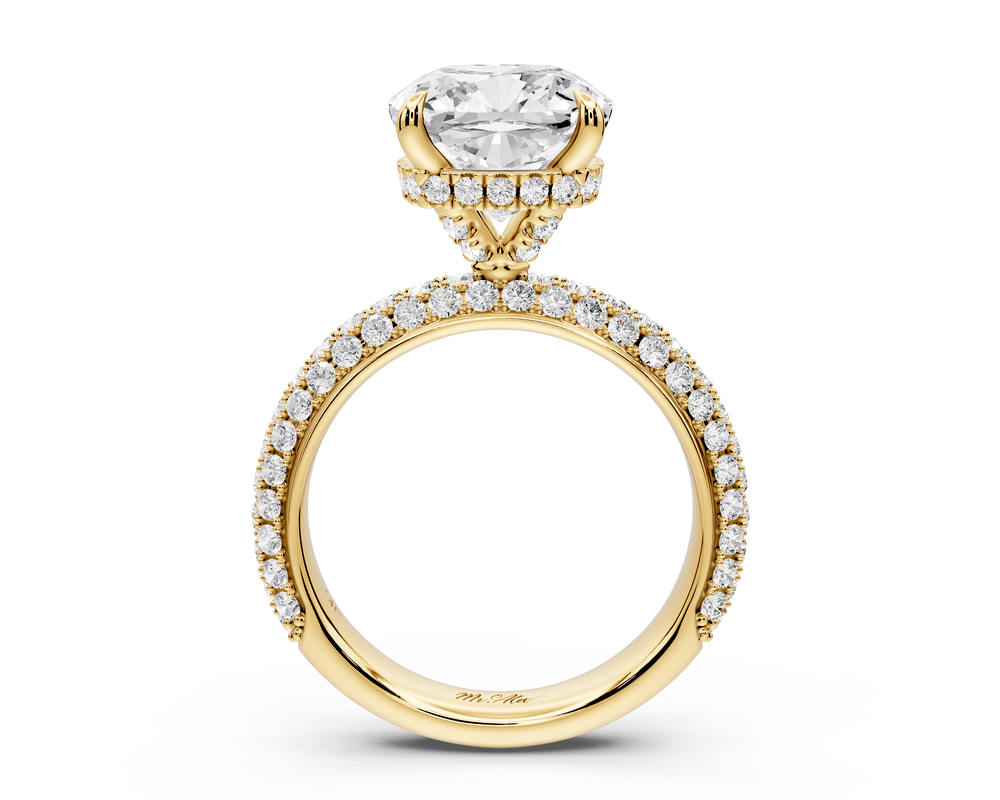 Evelina - 4ct 18k yellow gold cushion wrap around Halo Rollover Pavé Diamond Crown Engagement Ring - Mr. Alex Jewelry