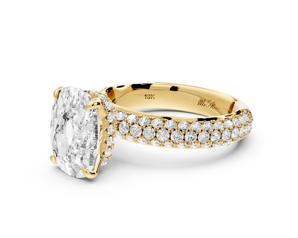 Evelina - 4ct 18k yellow gold ecushion wrap around Halo Rollover Pavé Diamond Crown Engagement Ring - Mr. Alex Jewelry