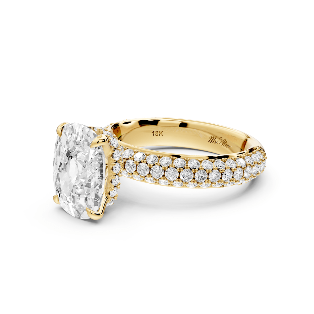 Evelina - 4ct 18k yellow gold ecushion wrap around Halo Rollover Pavé Diamond Crown Engagement Ring - Mr. Alex Jewelry