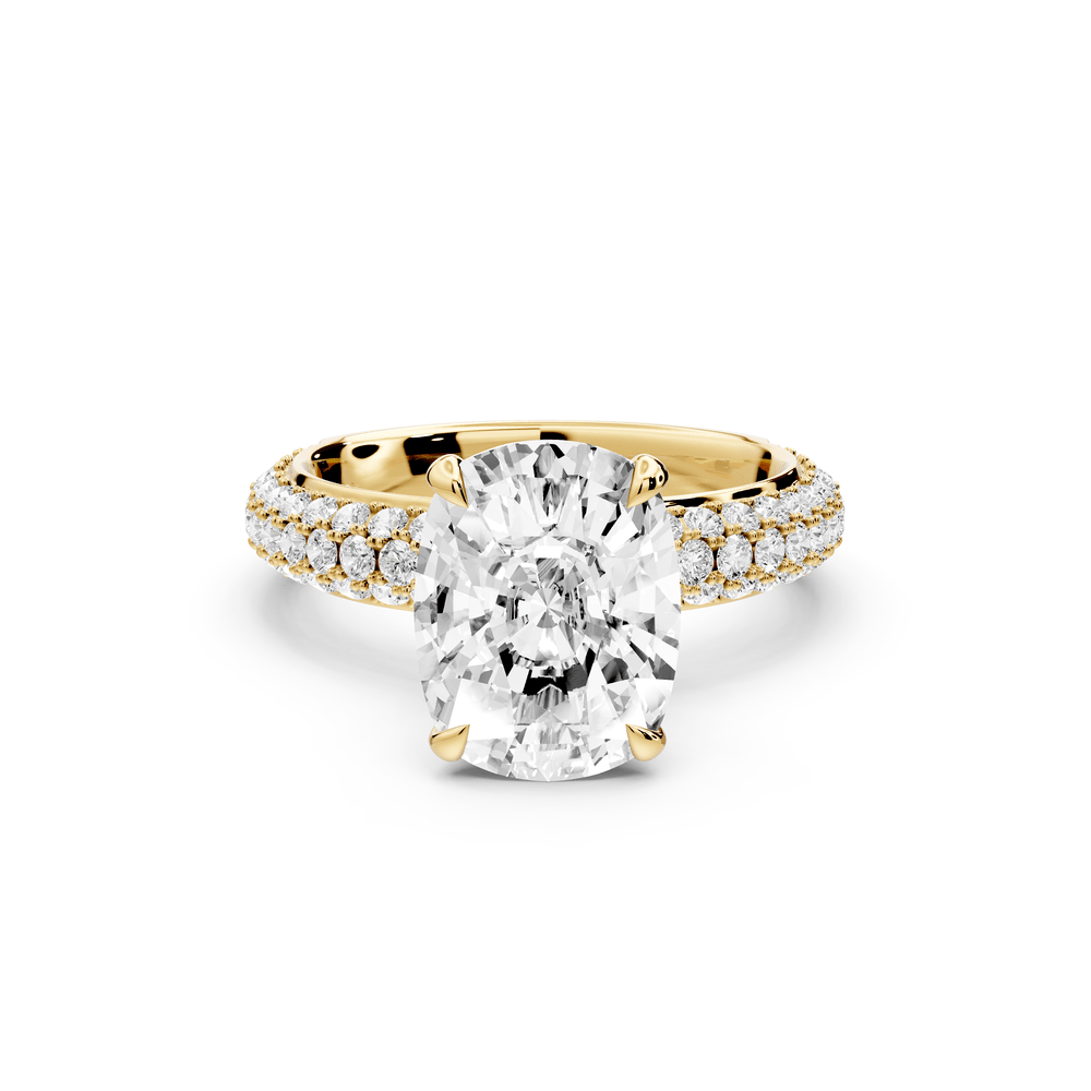 Evelina - 4ct 18k yellow gold ecushion wrap around Halo Rollover Pavé Diamond Crown Engagement Ring - Mr. Alex Jewelry