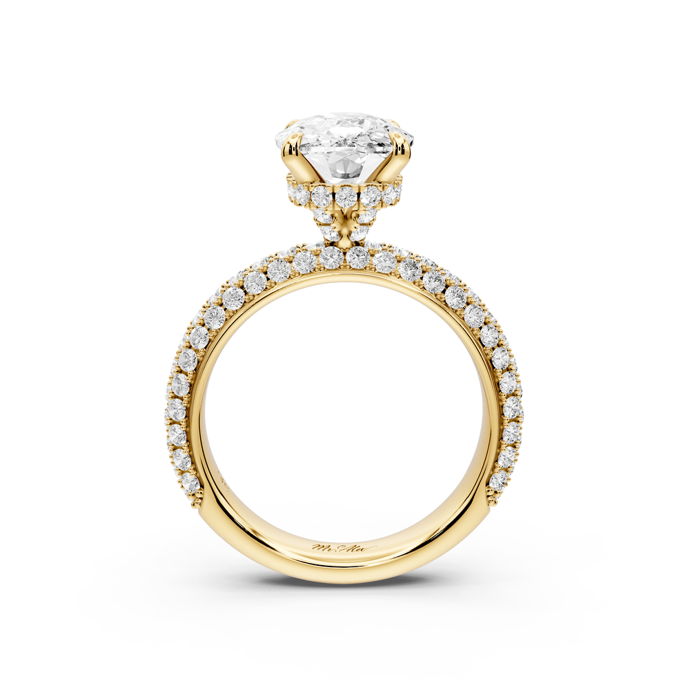 Evelina - 4ct 18k yellow gold ecushion wrap around Halo Rollover Pavé Diamond Crown Engagement Ring - Mr. Alex Jewelry