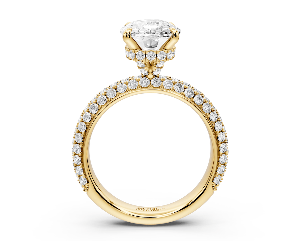 Evelina - 4ct 18k yellow gold ecushion wrap around Halo Rollover Pavé Diamond Crown Engagement Ring - Mr. Alex Jewelry