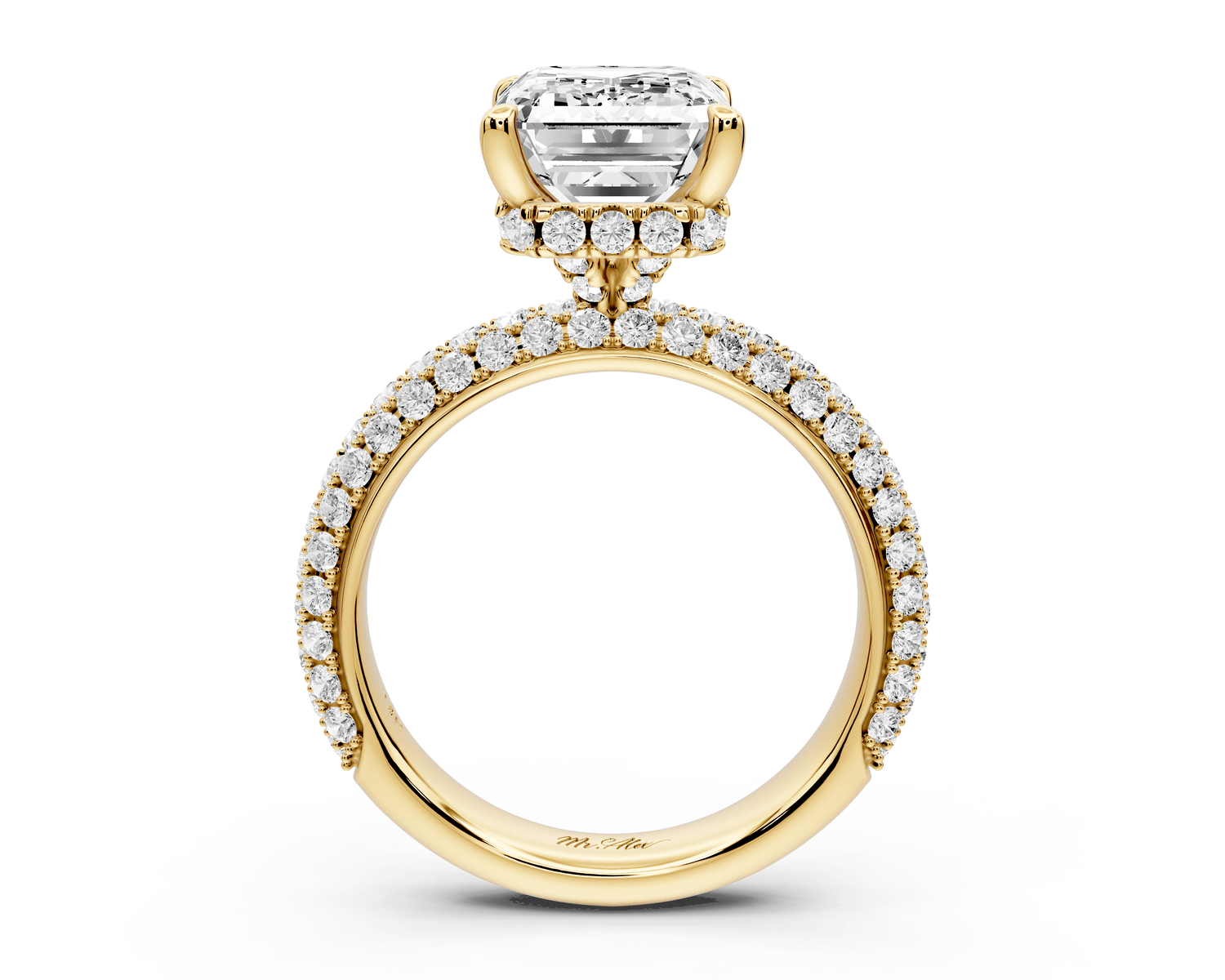 Evelina - 4ct 18k yellow gold emerald wrap around Halo Rollover Pavé Diamond Crown Engagement Ring - Mr. Alex Jewelry