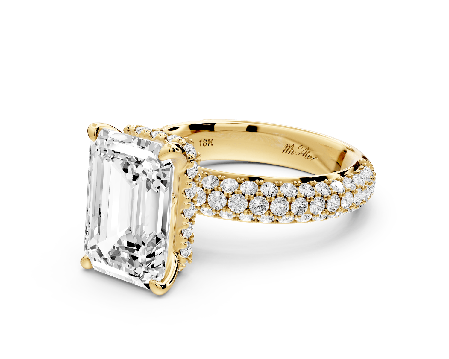 Evelina - 4ct 18k yellow gold emerald wrap around Halo Rollover Pavé Diamond Crown Engagement Ring - Mr. Alex Jewelry