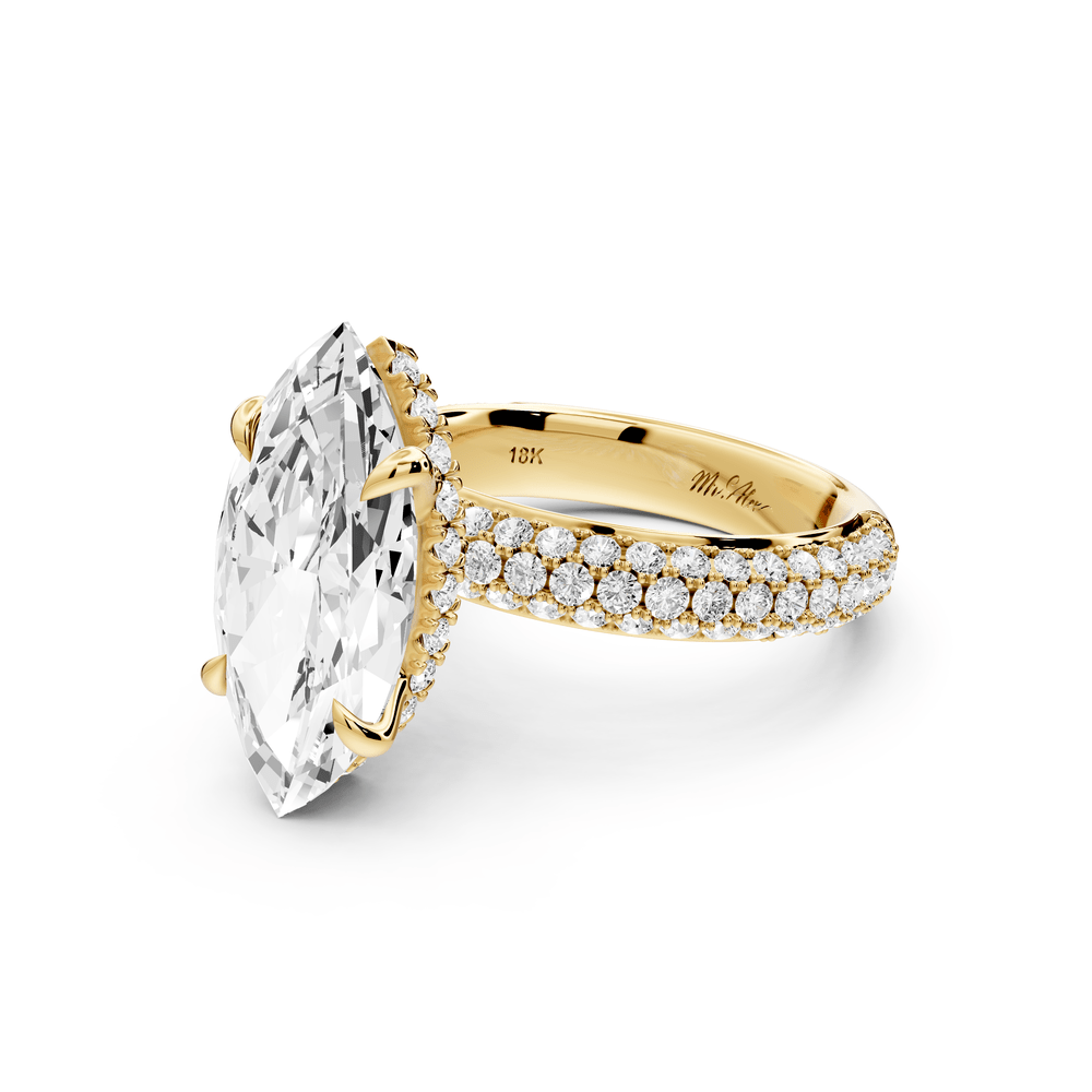 Evelina - 4ct 18k yellow gold marquise wrap around Halo Rollover Pavé Diamond Crown Engagement Ring - Mr. Alex Jewelry