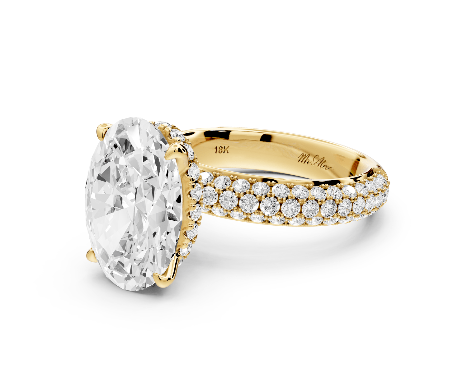 Evelina - 4ct 18k yellow gold oval wrap around Halo Rollover Pavé Diamond Crown Engagement Ring - Mr. Alex Jewelry