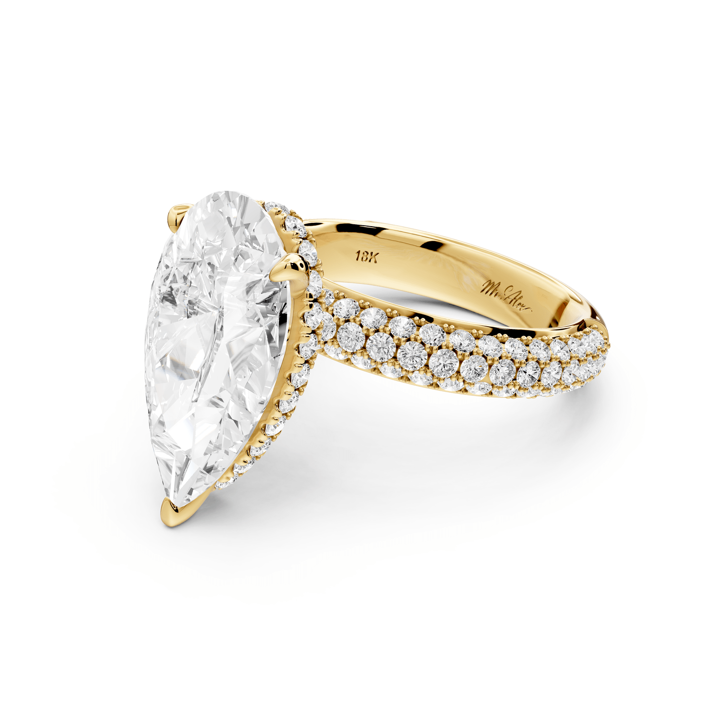Evelina - 4ct 18k yellow gold pear wrap around Halo Rollover Pavé Diamond Crown Engagement Ring - Mr. Alex Jewelry