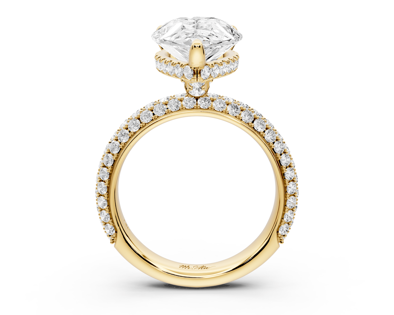 Evelina - 4ct 18k yellow gold pear wrap around Halo Rollover Pavé Diamond Crown Engagement Ring - Mr. Alex Jewelry