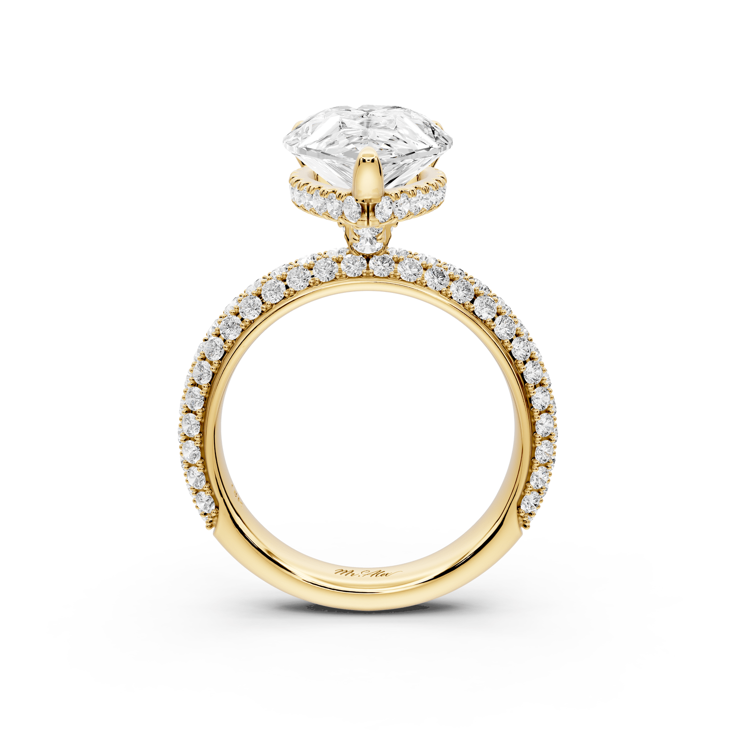 Evelina - 4ct 18k yellow gold pear wrap around Halo Rollover Pavé Diamond Crown Engagement Ring - Mr. Alex Jewelry