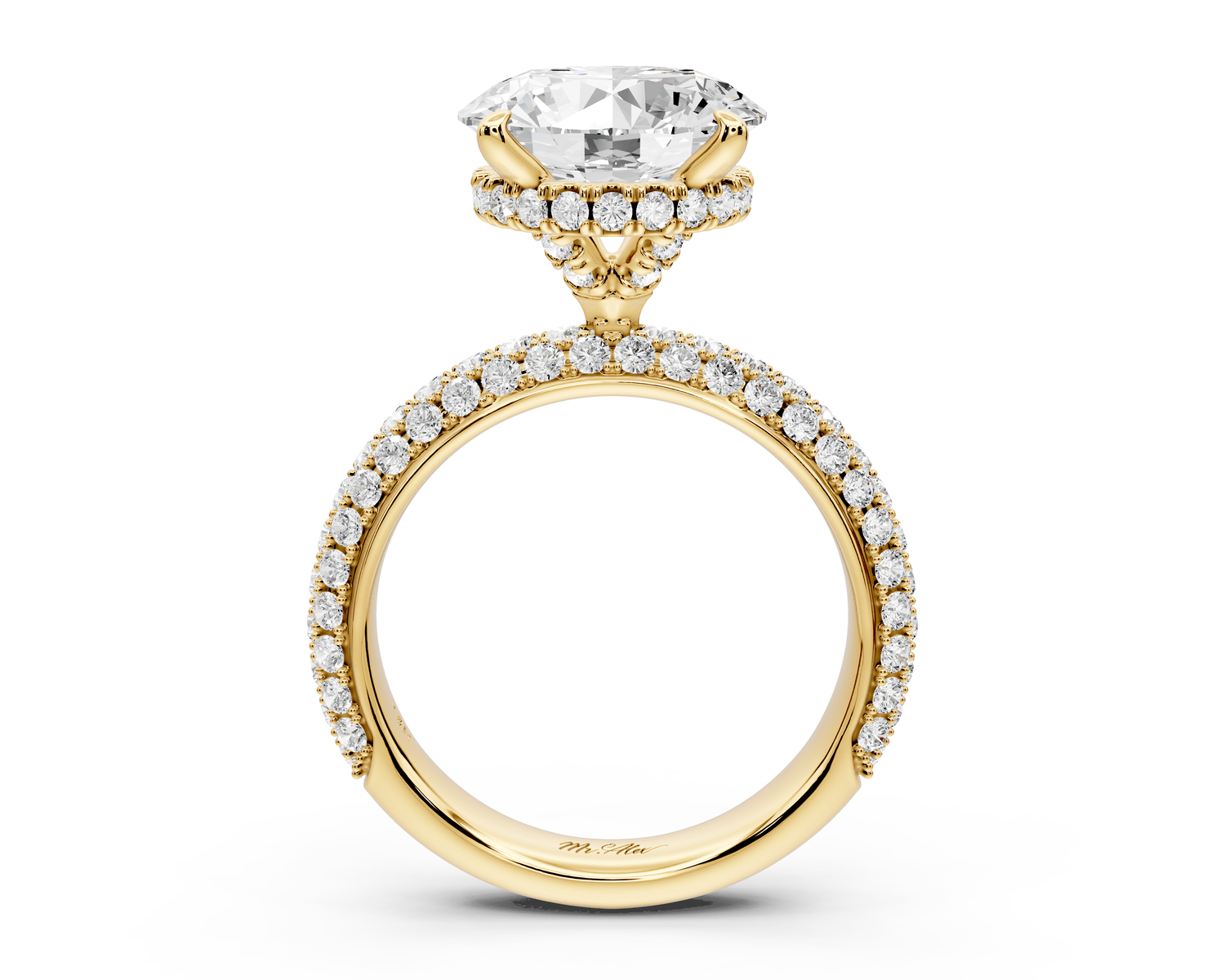 Evelina - 4ct 18k yellow gold round wrap around Halo Rollover Pavé Diamond Crown Engagement Ring - Mr. Alex Jewelry